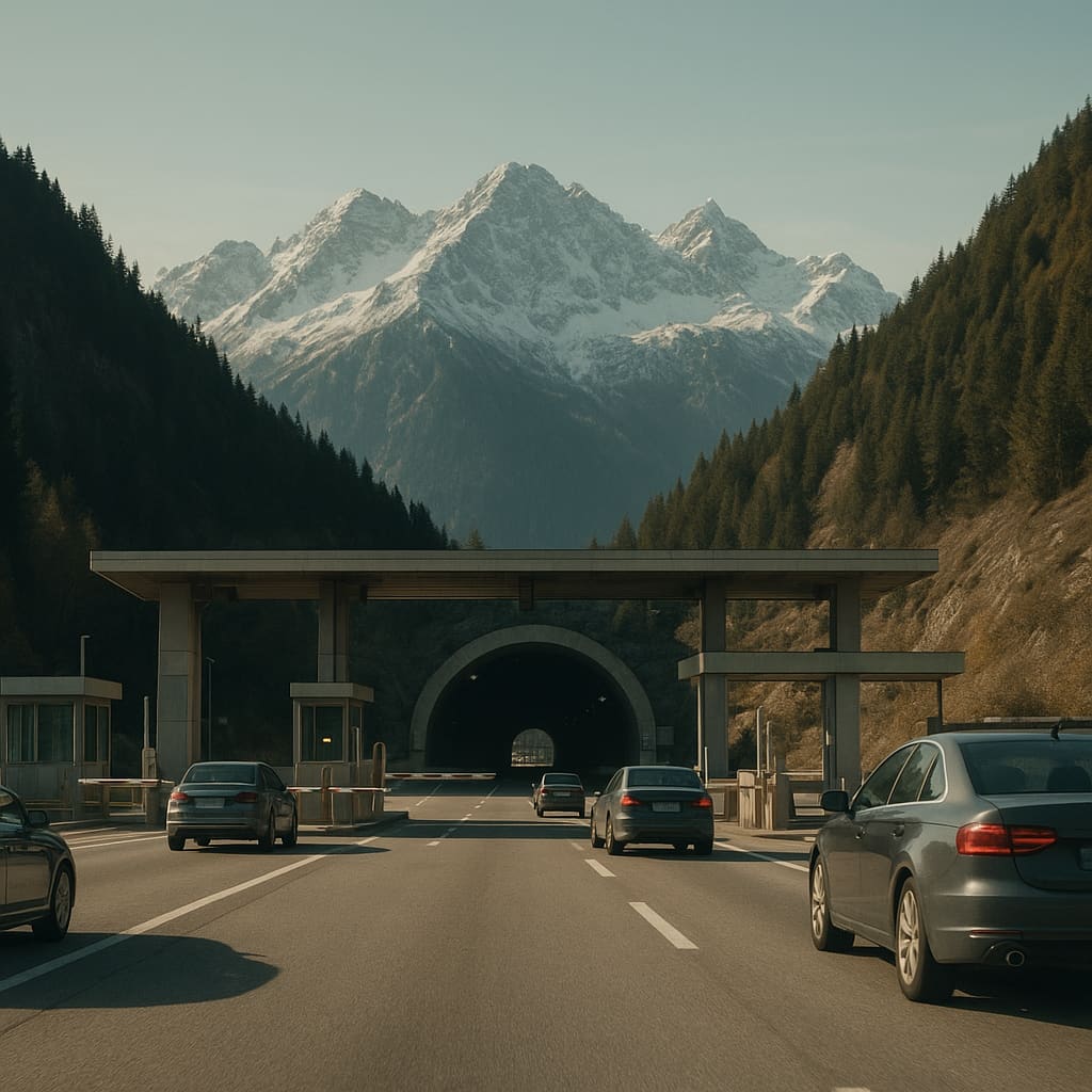 Alpenautobahn mit Tunnel und Mautspuren