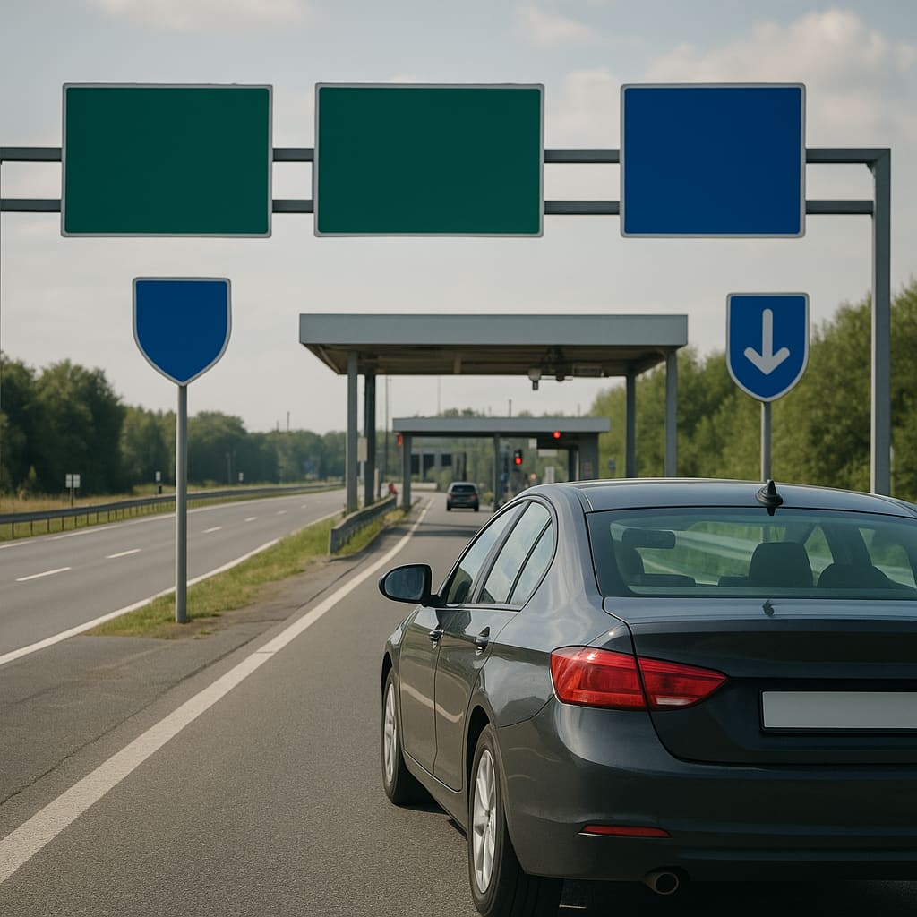 Autofahrt an einem Autobahn-Grenzübergang in Mitteleuropa