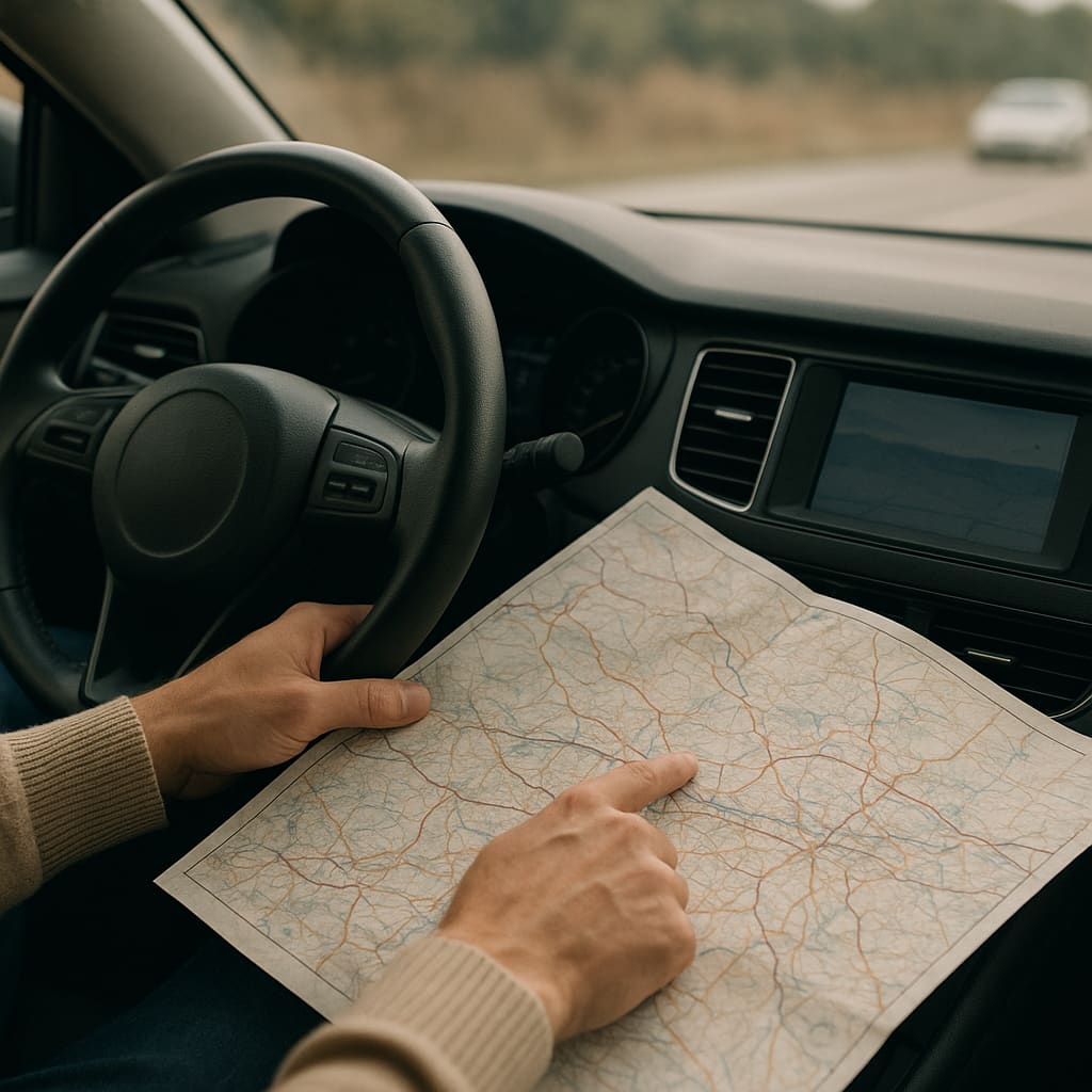Reiseplanung mit Straßenkarte und Armaturenbrett